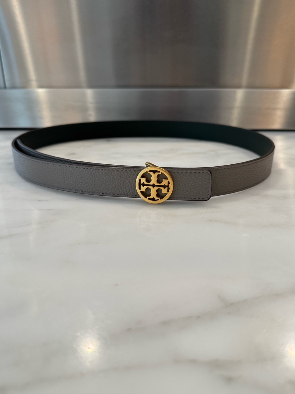 Authentic Tory Burch Taupe Leather Belt with Gold Logo Buckle
